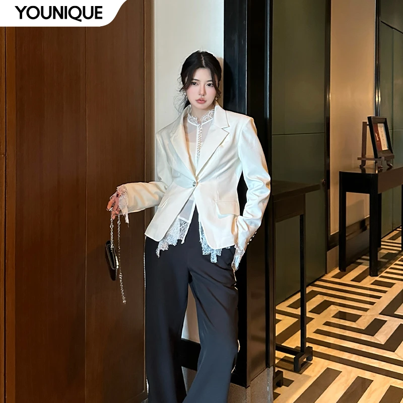 【june eleven】新品25春夏蕾丝西装外套垂感直筒休闲裤女