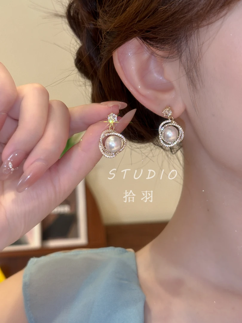 黄铜仿珍珠耳饰 双层缠绕珍珠耳环2025新款小众高级感轻奢耳饰