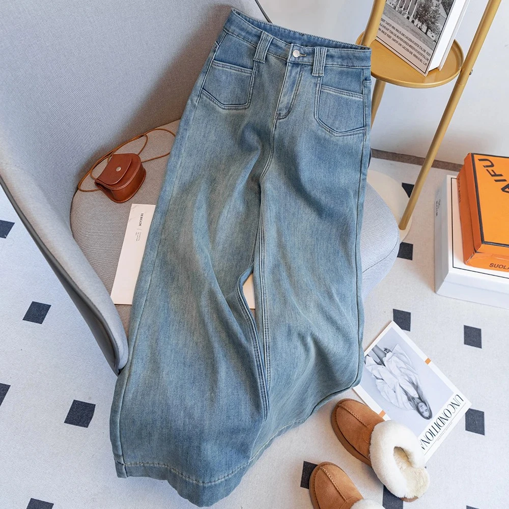 9892#单宁色不贴腿微喇牛仔裤女春季高腰宽松拖地阔腿裤子女