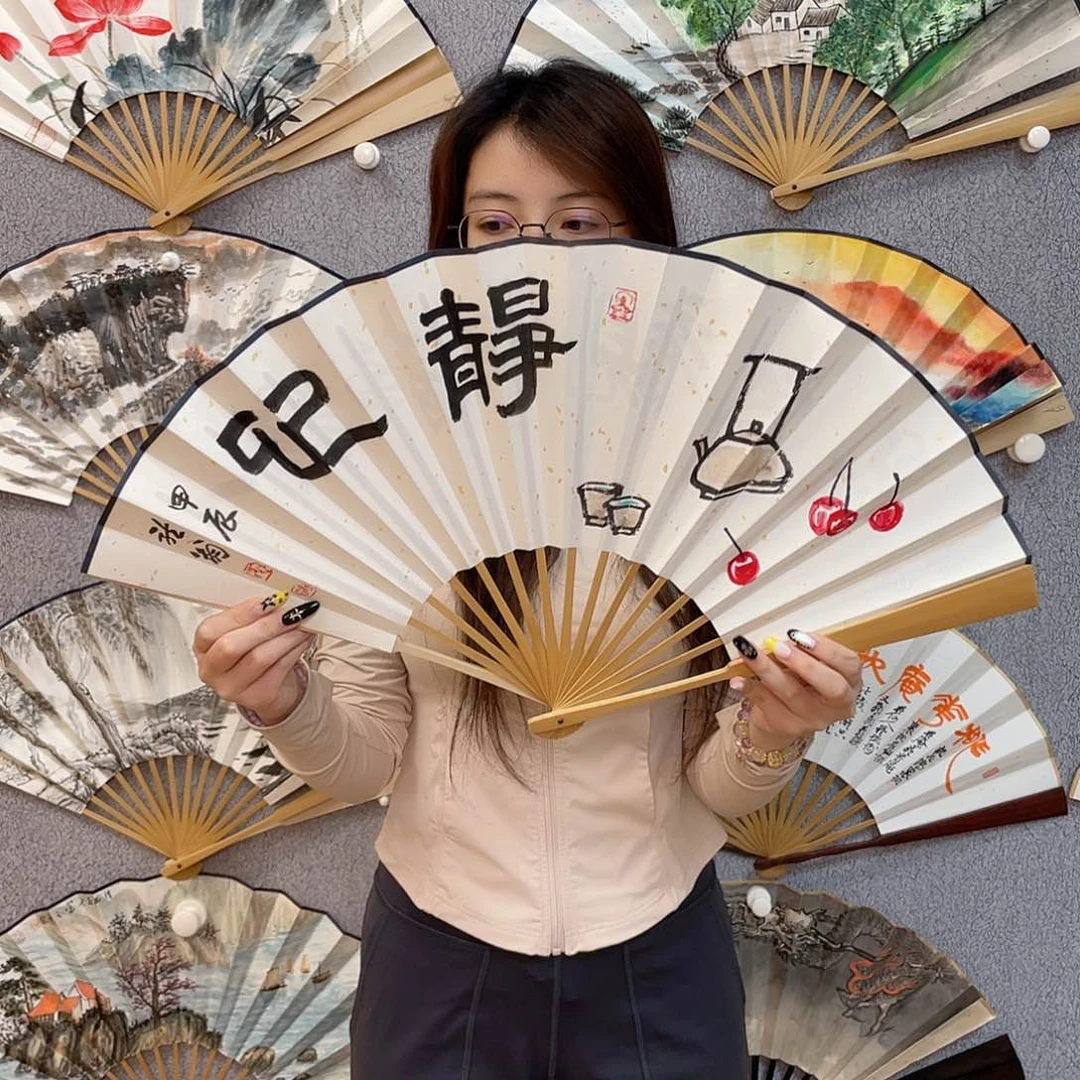 书法10寸玉竹-纯手绘-文玩扇骨（默认粘好）