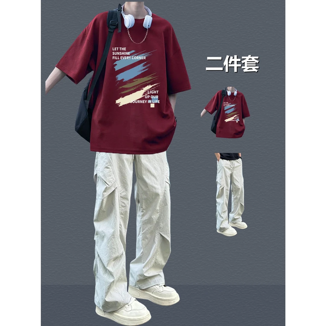 夏季潮流休闲套装痞帅气短袖T恤搭配高街工装裤青少年美式两件套