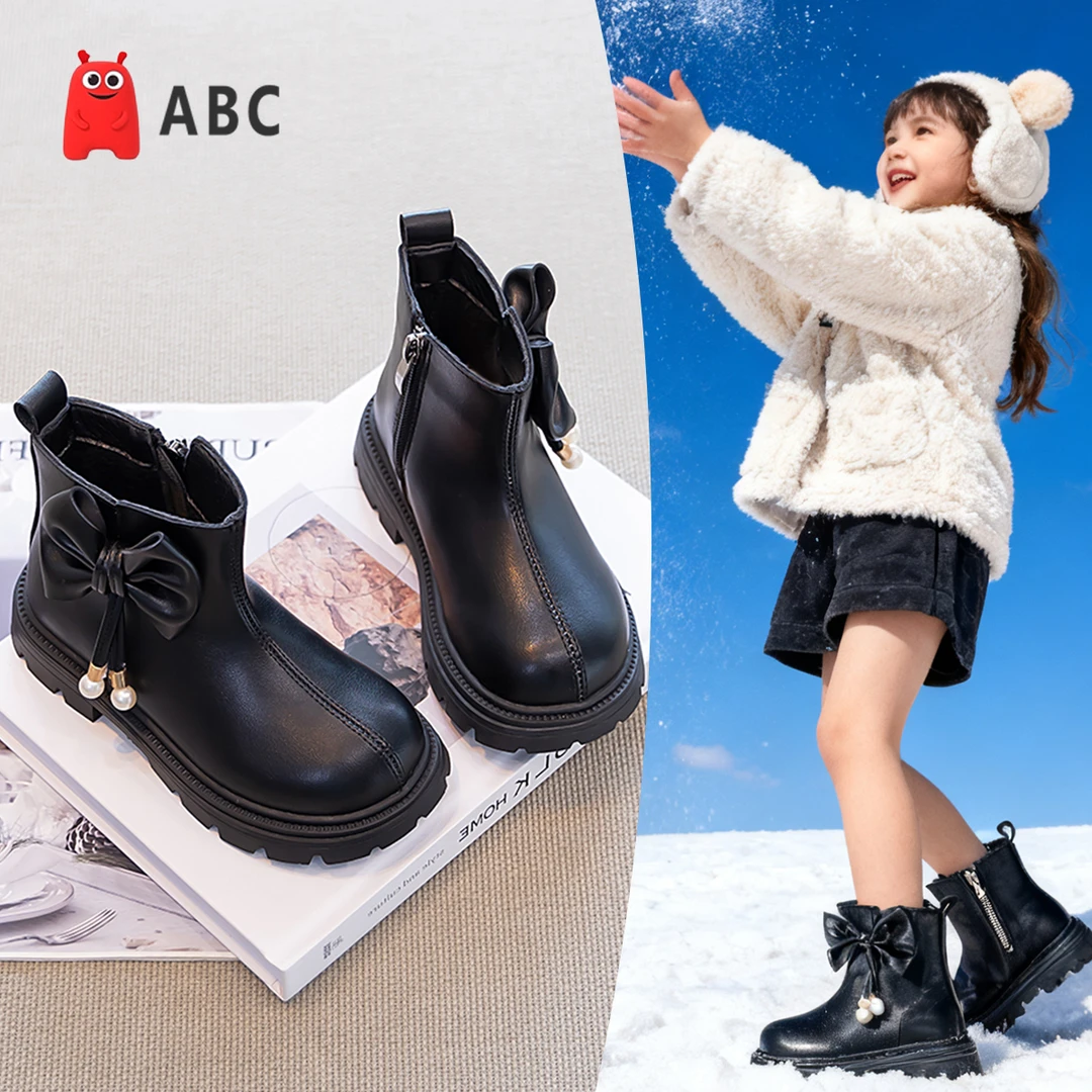 ABC女童靴子2025秋冬款儿童软底皮面短靴英伦风加绒保暖女童靴子