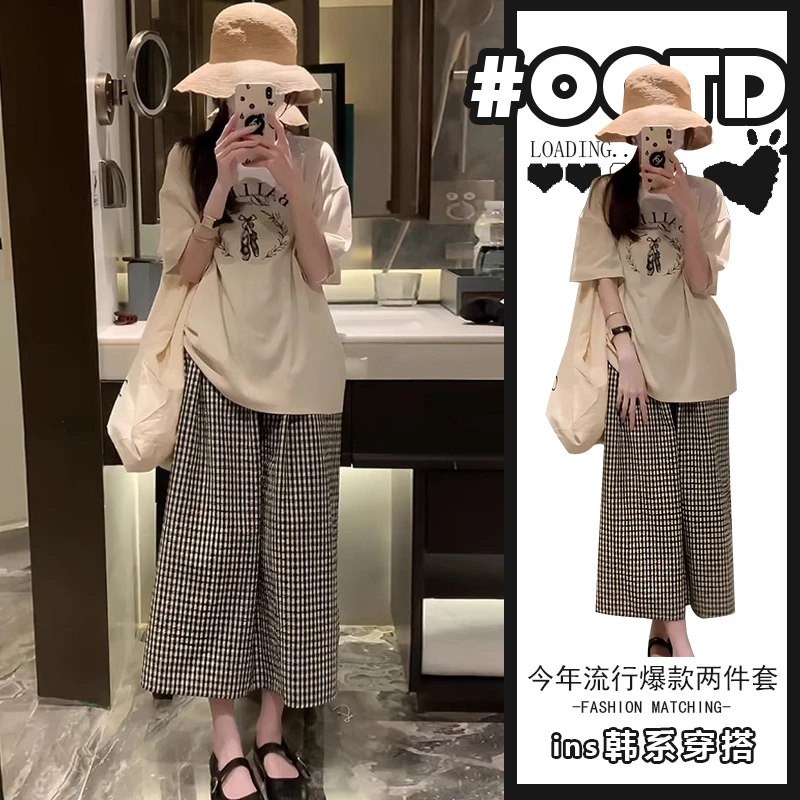 夏季时尚韩系穿搭一整套慵懒宽松印花短袖T恤阔腿格子休闲裤套装