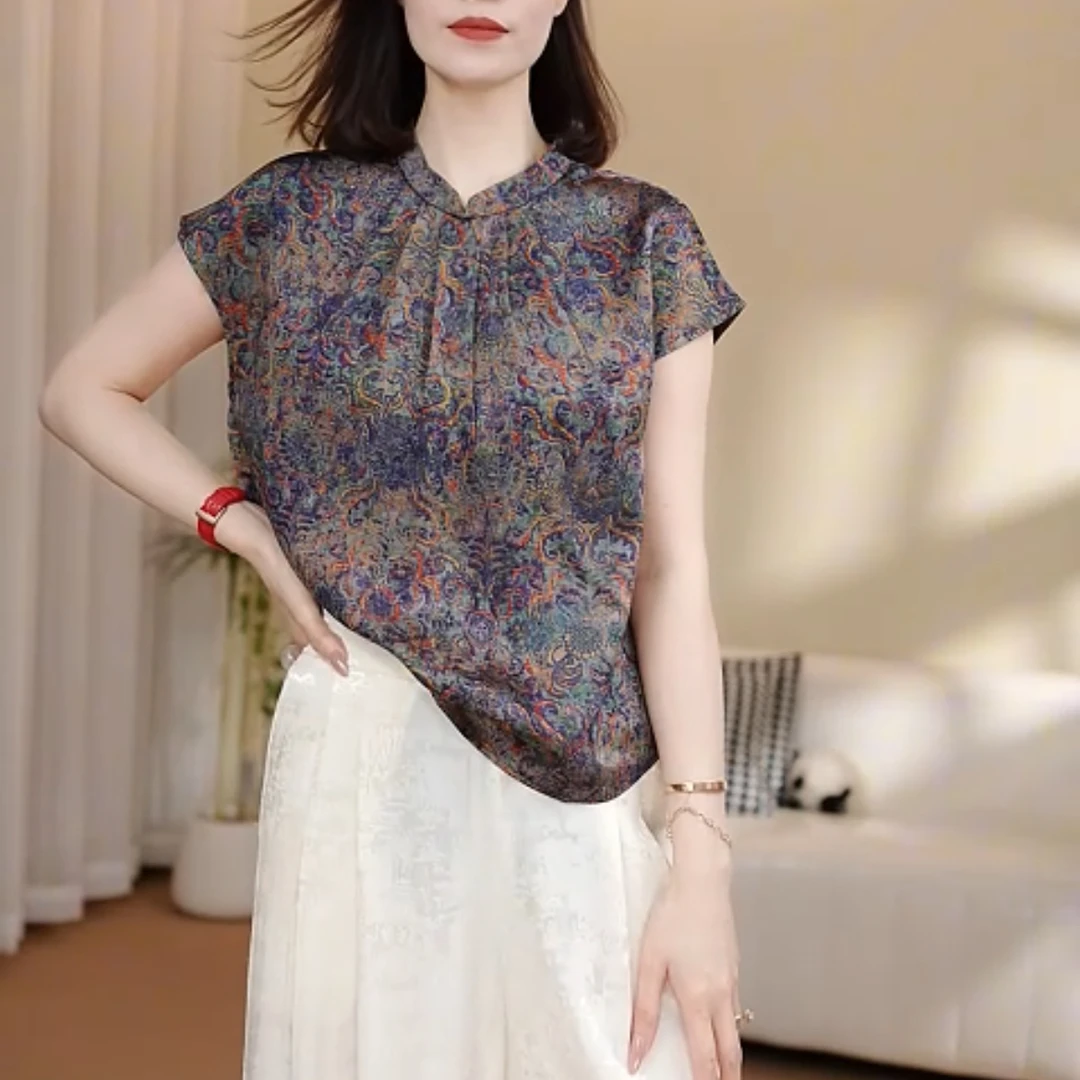 335#2025新款上衣短袖中国风复古立领花纹提花薄款唐装中长款气质