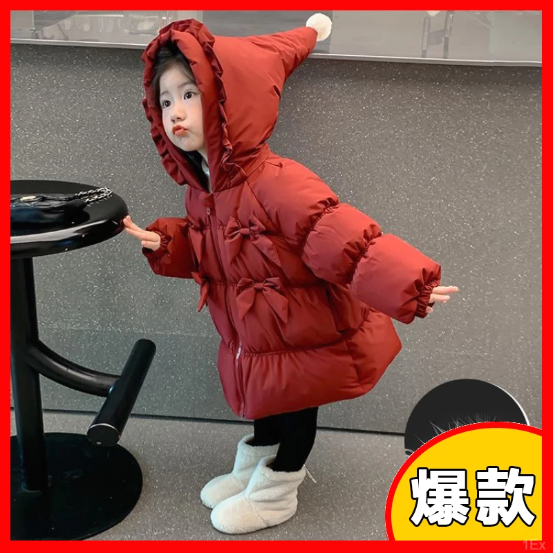 女童蝴蝶结花边帽羽绒服冬装2024新款白鸭绒宝宝棉袄儿童红色棉衣