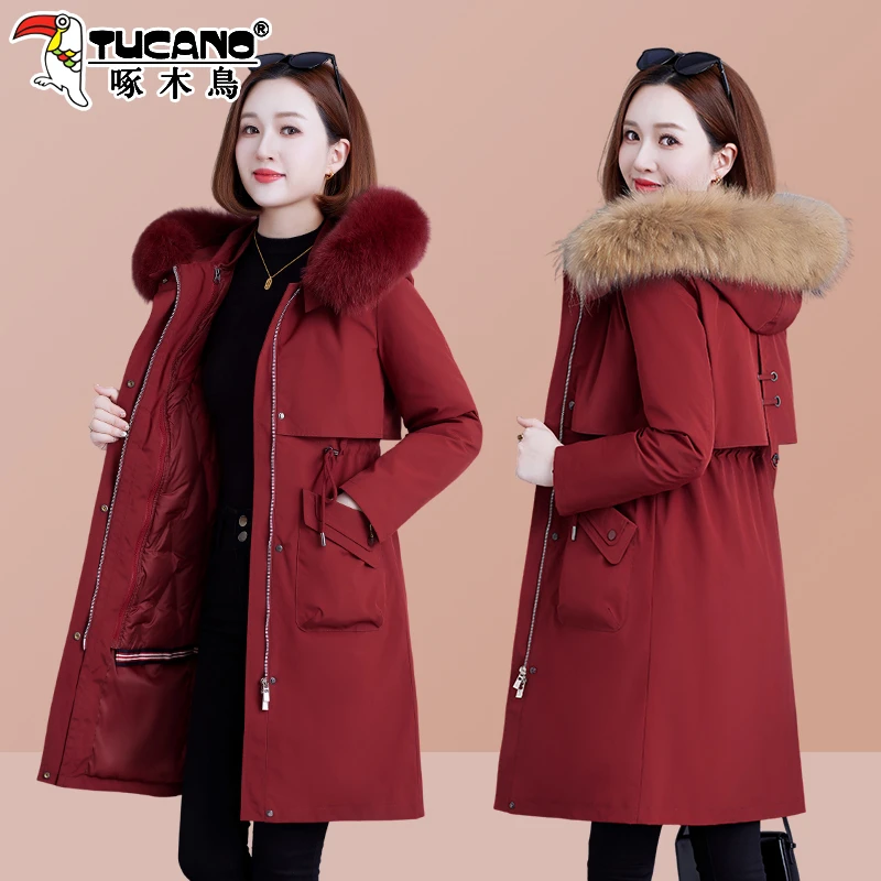 【官方】啄木鸟羽绒服女中长款新款时尚修身真毛领可拆卸派克服外套