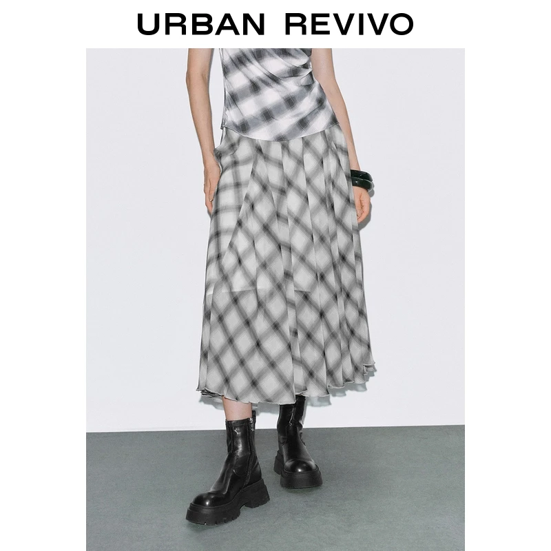 UR2026春季新款女装休闲格纹高腰宽松A字半裙UWJ550051