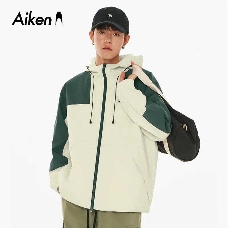 AiKen/爱肯新款三防拼色耐穿冲锋夹克防水防风连帽拼接撞色外套