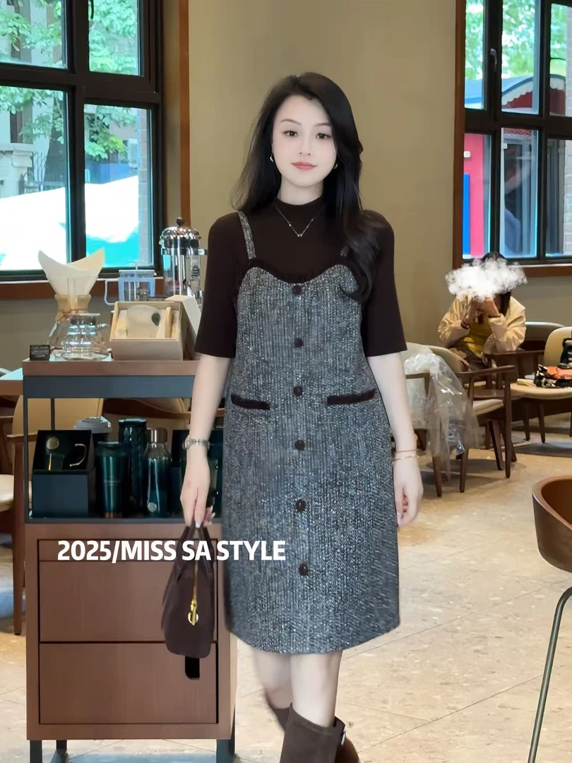 MISS SA 早秋新款轻奢名媛撞色拼接木耳边小香马甲连衣裙25099381