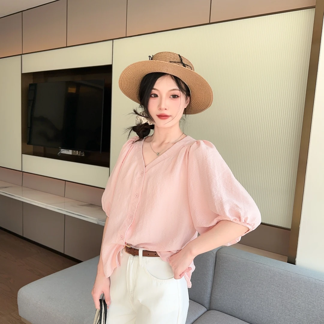 法式甜美风短款云朵棉衬衫女2025夏季新款设计感泡泡袖短袖上衣