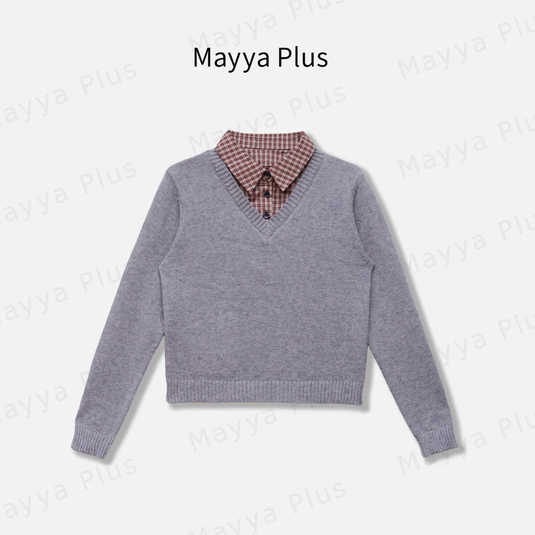 【格纹时光】Mayya Plus麦芽定制流光风假两件撞色针织上衣32537160