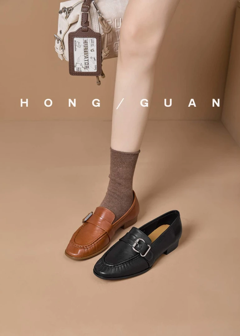 红冠新款复古单鞋皮带扣乐福鞋55501简约小皮鞋