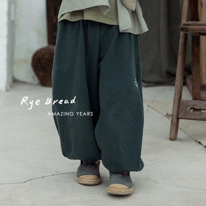 ryebread/黑面包童装 韩版男小童字母刺绣束脚宽松休闲裤 5春