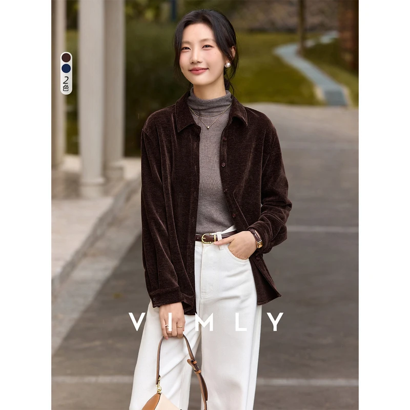 M梵希蔓复古棕色通勤翻领衬衫外套女冬季气质宽松叠穿上衣A3612