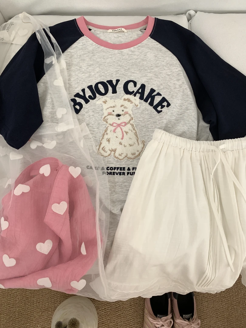 『李木木』春款上新~~毛绒小狗撞色短袖  8028