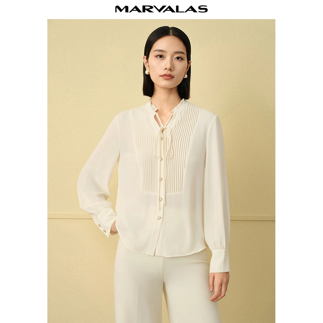 【芊芊专属】纯色雪纺衬衫2024早秋浪漫法式气质木耳边系带V领衬衣