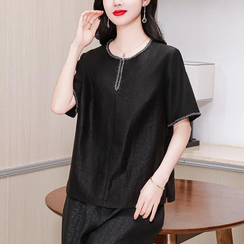 法芬图黑色贵夫人上衣女士短袖t恤夏季新款妈妈装洋气减龄衬衫气