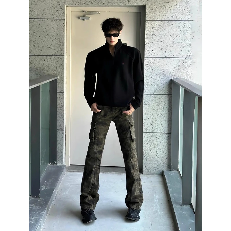 美式迷彩工装裤男春秋季修身痞帅微喇裤子cleanfit高街直筒牛仔裤