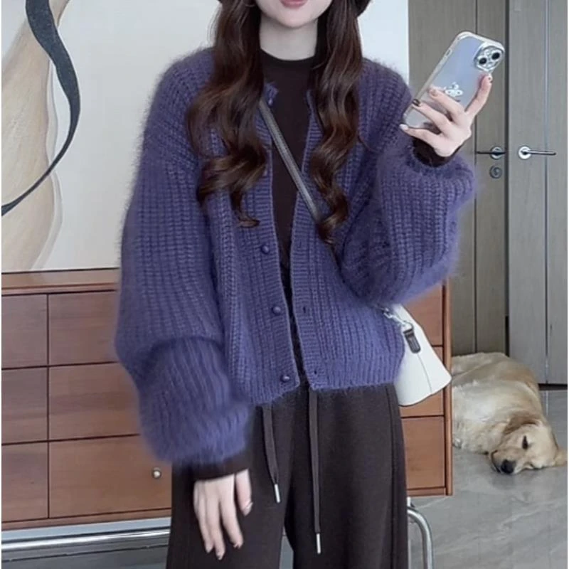 紫色软糯毛衣外套女秋冬新款慵懒风宽松显瘦针织开衫洋气显瘦上衣