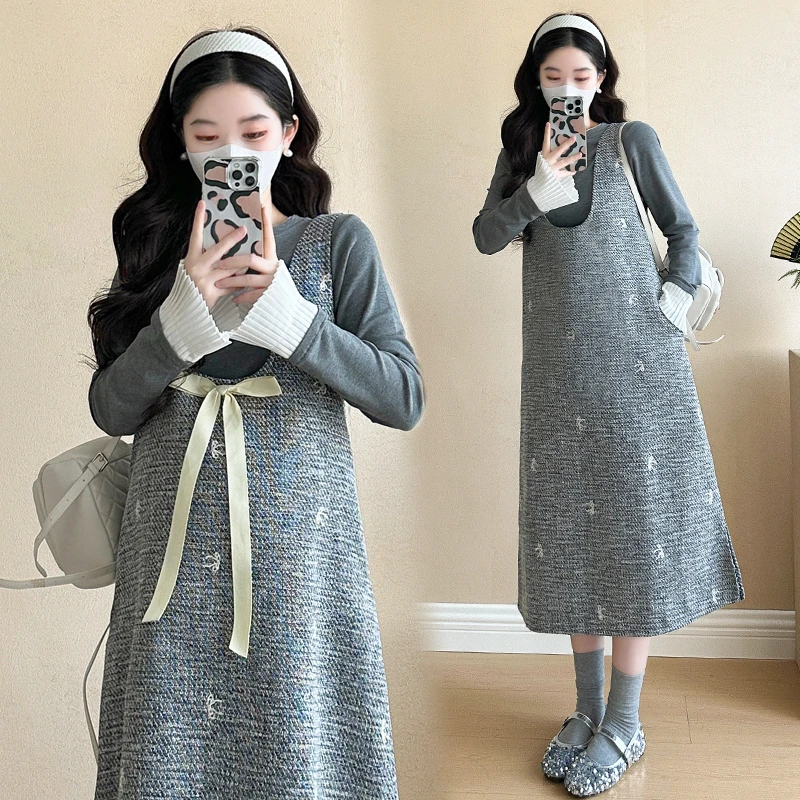 孕妇秋装连衣裙2025新款春秋款套装时尚气质宽松背心裙秋季两件套