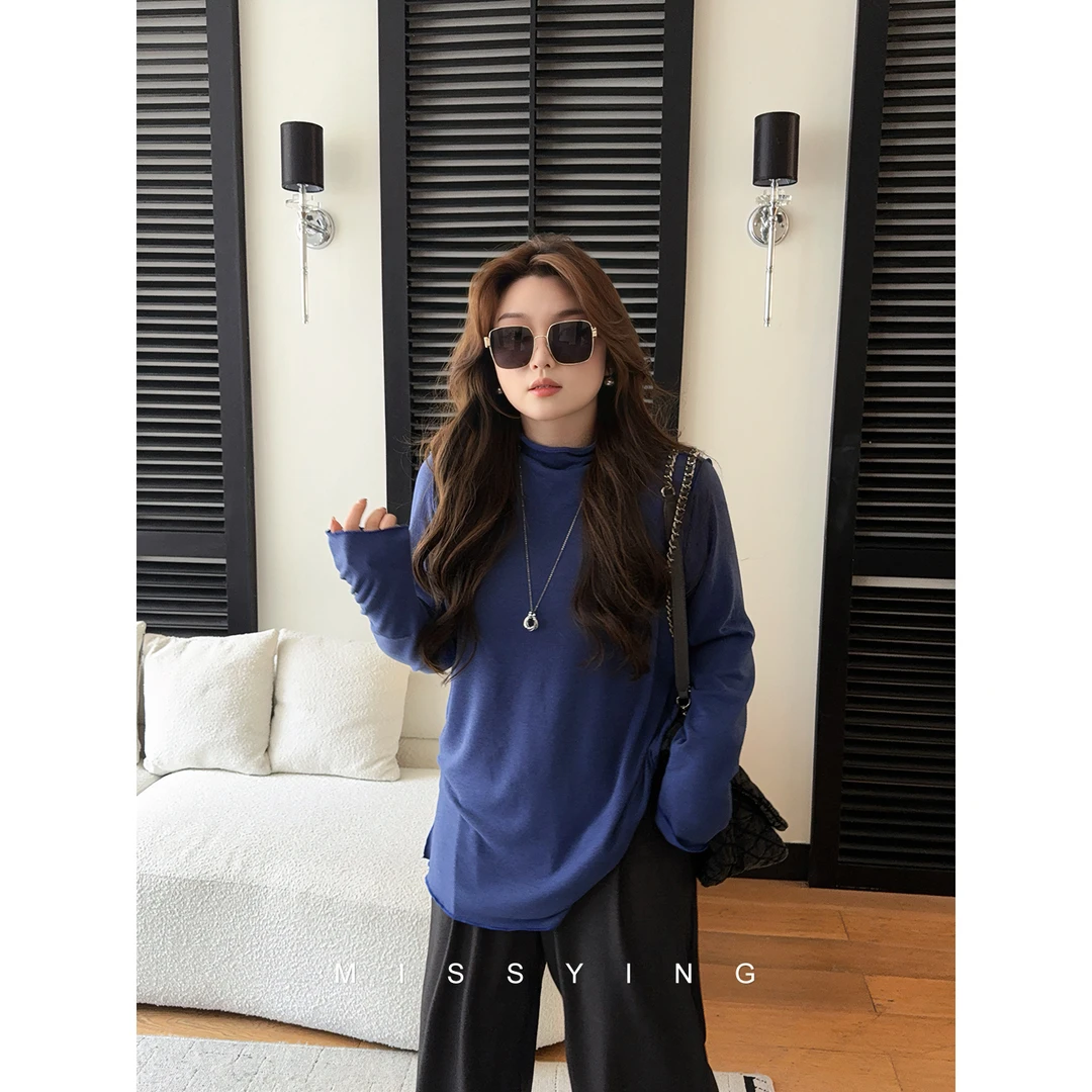 应小姐【蓝调时刻】微胖大码韩系时尚宽松休闲简约显瘦纯色打底衫