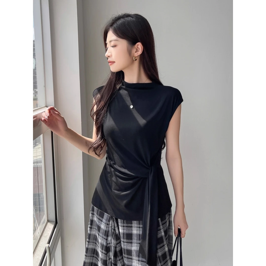 半高领黑色打底衫女2025新款秋冬短袖t恤内搭高级感上衣显瘦绑带