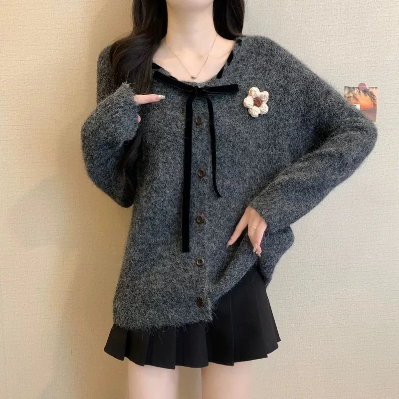 新疆包邮【c333】蝴蝶结花朵甜美风毛衣-衣长69cm