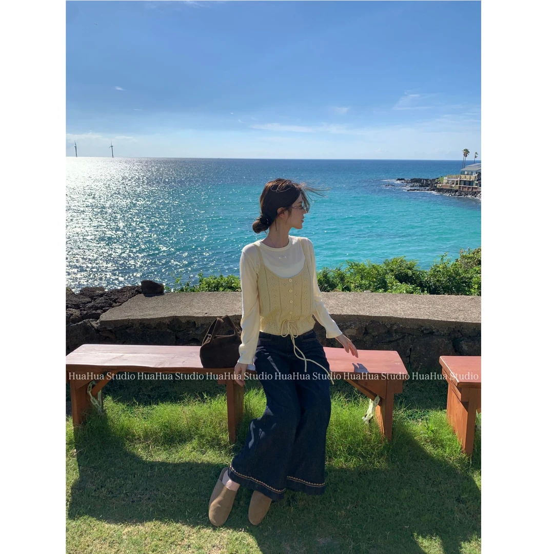 【花花】轻氧旋律~蝴蝶结系带镂空钩花外穿百搭毛衣吊带背心