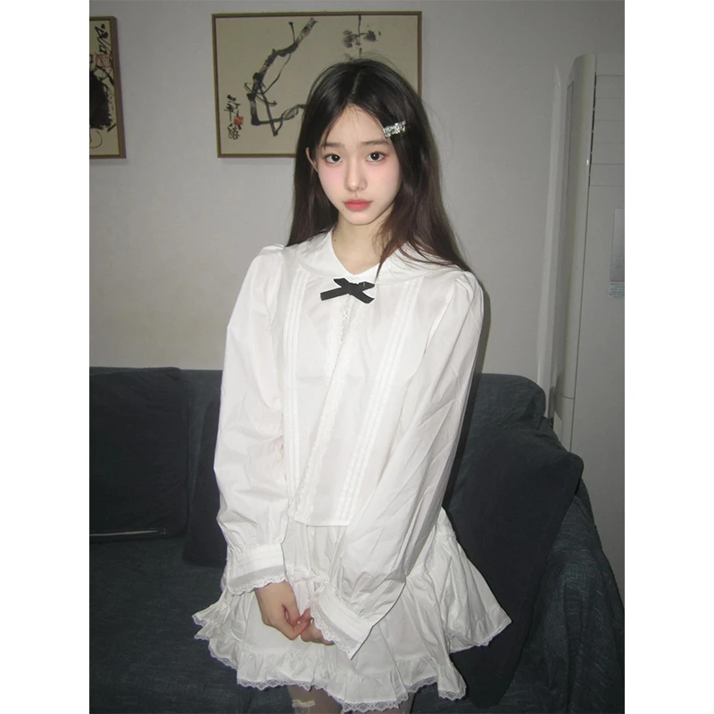2025春季新款衬衫女洋气娃娃领减龄蝴蝶结长袖上衣半身蛋糕裙