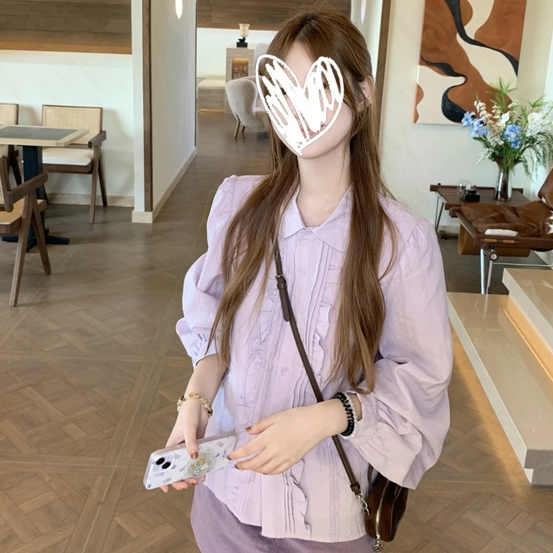 韩系温柔淡紫翻领衬衫女早秋新款宽松百搭设计感灯笼袖内搭上衣