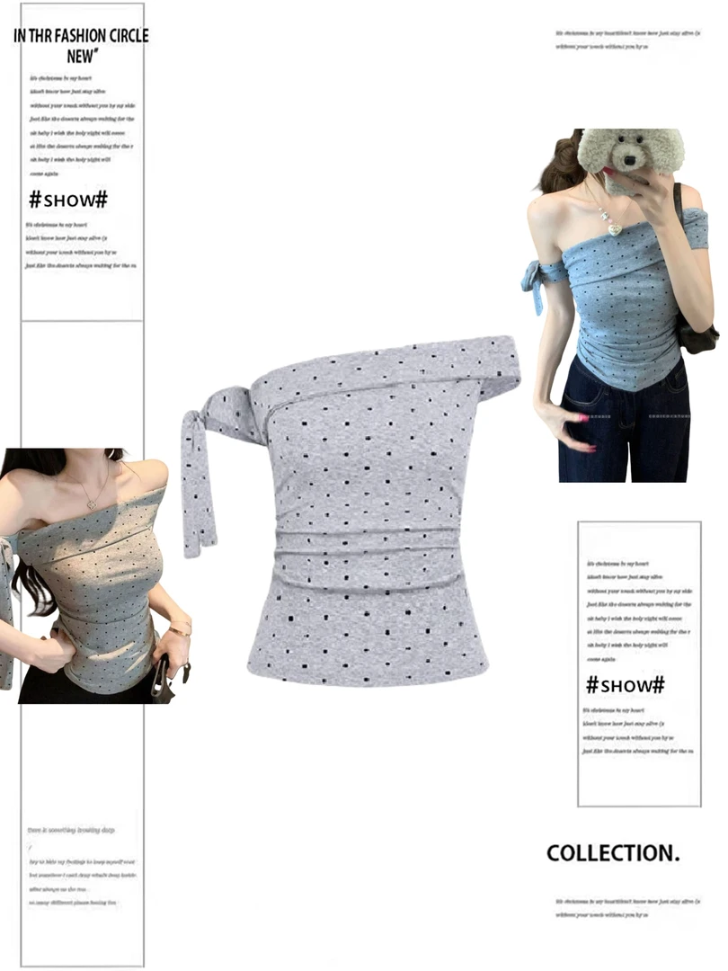 纯欲风波点露肩不规则斜肩T恤女夏季修身设计感露肩上衣通勤显瘦