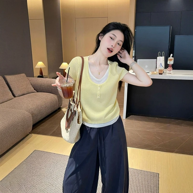 韩系黄色u领假两件小飞袖短袖t恤女夏季冰丝针织衫小个子短款上衣