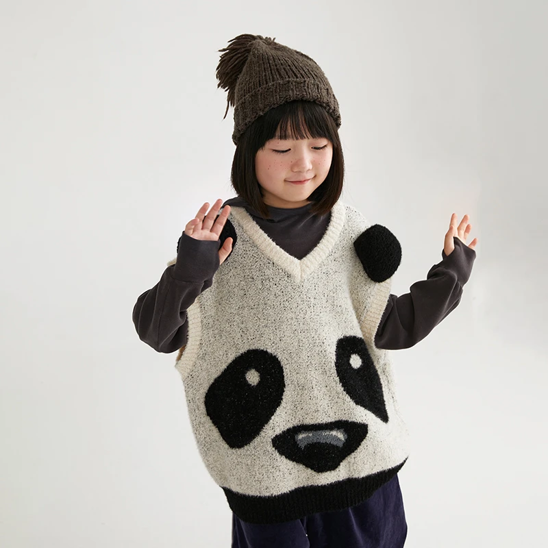 NNGZ设计师风立体熊猫女童背心时髦冬季毛衣童装上衣B24CM1171E