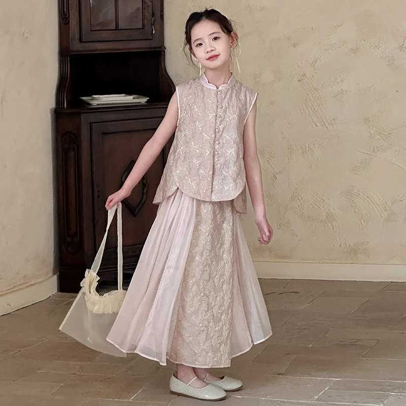 女童夏季新中式背心半身裙两件套2025新款中大童无袖上衣套装洋气