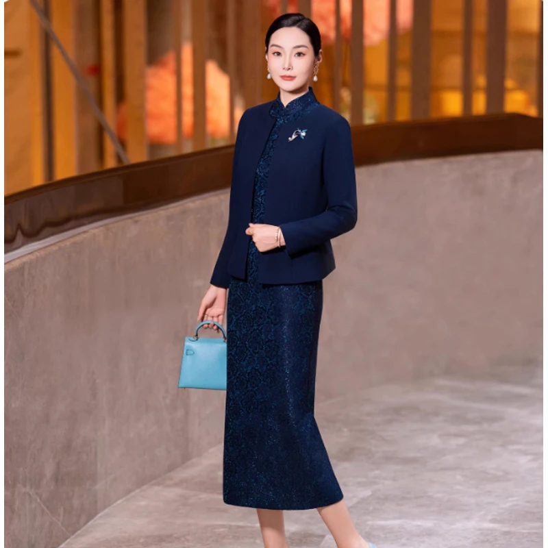靛羽--2025冬季新款圆领小西装直筒旗袍高贵优雅修身显瘦两件套