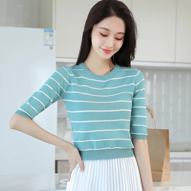 条纹中袖针织衫女2025春季新款女装薄款小个子五分袖修身短款上衣