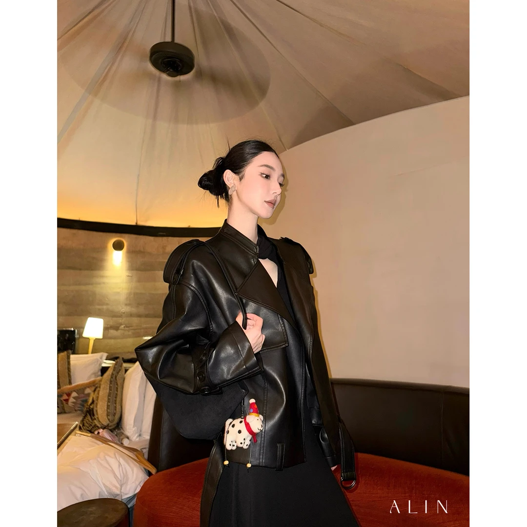 阿琳ALIN【暗影黑巧】短款PU皮衣外套女百搭机车服夹克上衣AL5HSP10