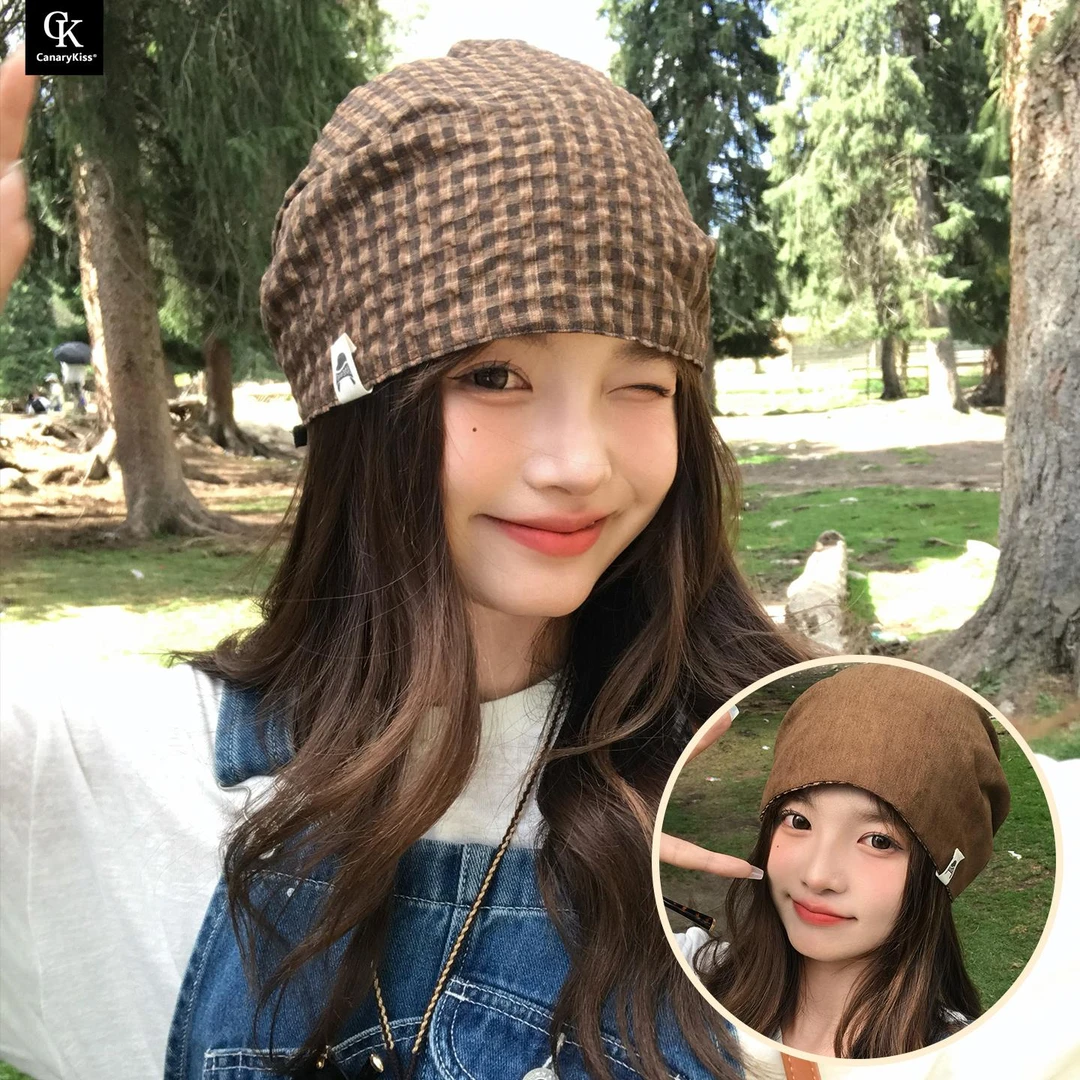 CanaryKiss废土风复古格纹包头帽子女薄款大头围套头冷帽堆堆帽