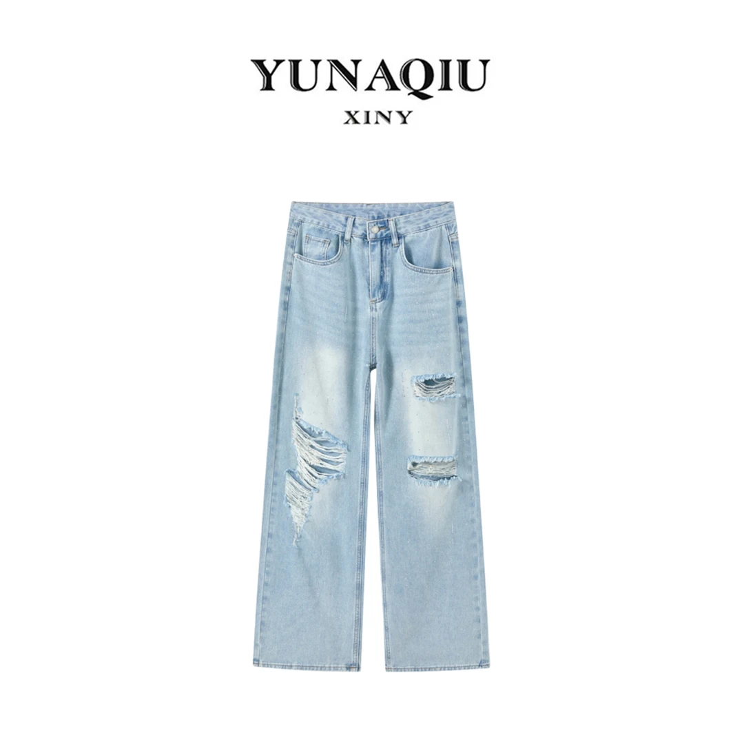 YUNAQIU破洞牛仔裤高腰2025夏季薄款百搭重工烫钻显瘦长裤女-7821
