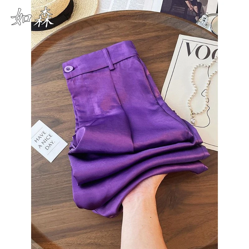 2025夏季新款窄版小个子紫色西装裤子高腰直筒通勤百搭休闲长裤女
