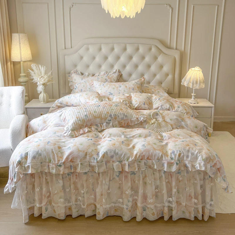 水星新家纺法式田园风全棉蕾丝床裙床笠四件套韩版公主风裙式床单