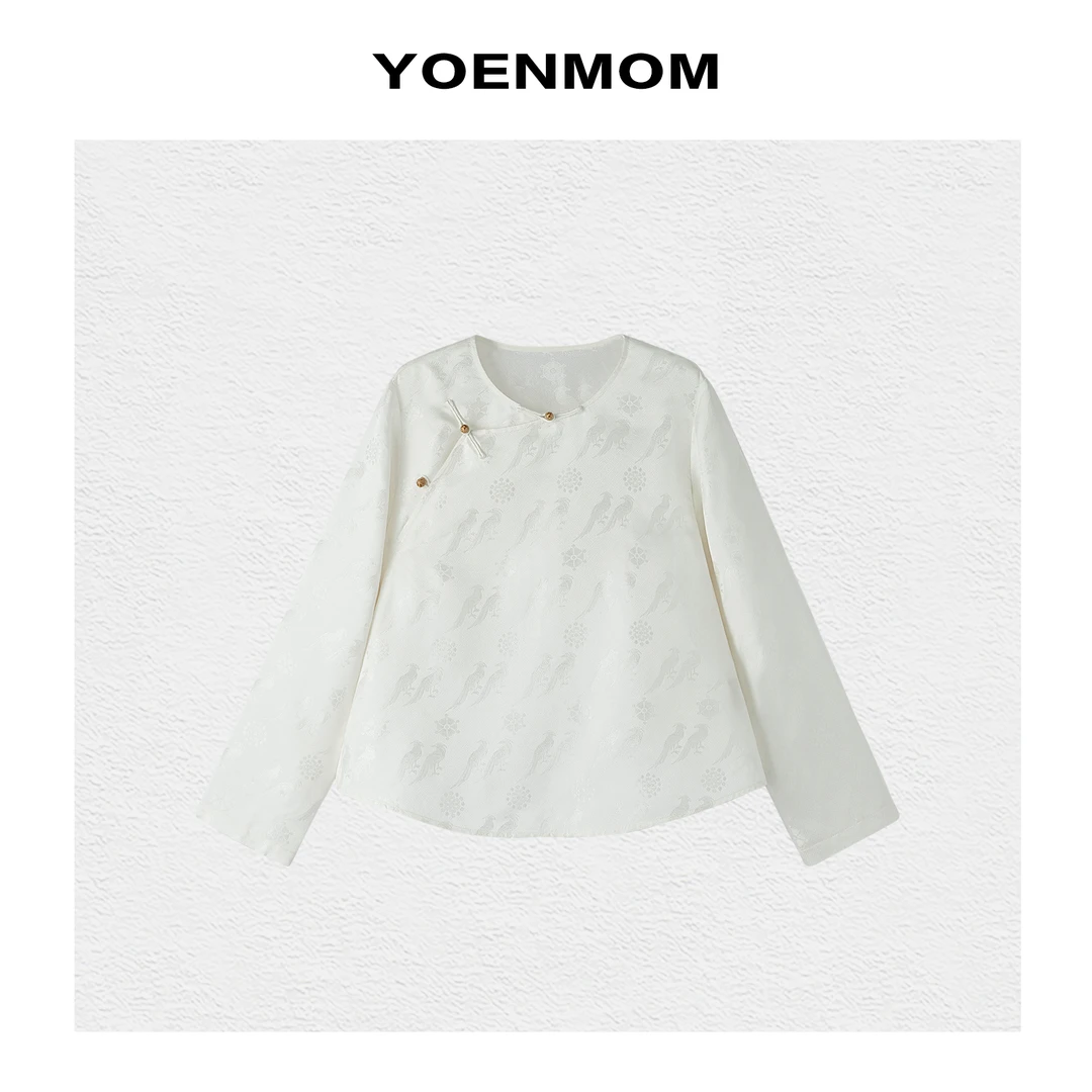 YOENMOM·翟鸟纹·100桑蚕丝正娟暗纹提花斜襟大漆扣国风圆领上衣