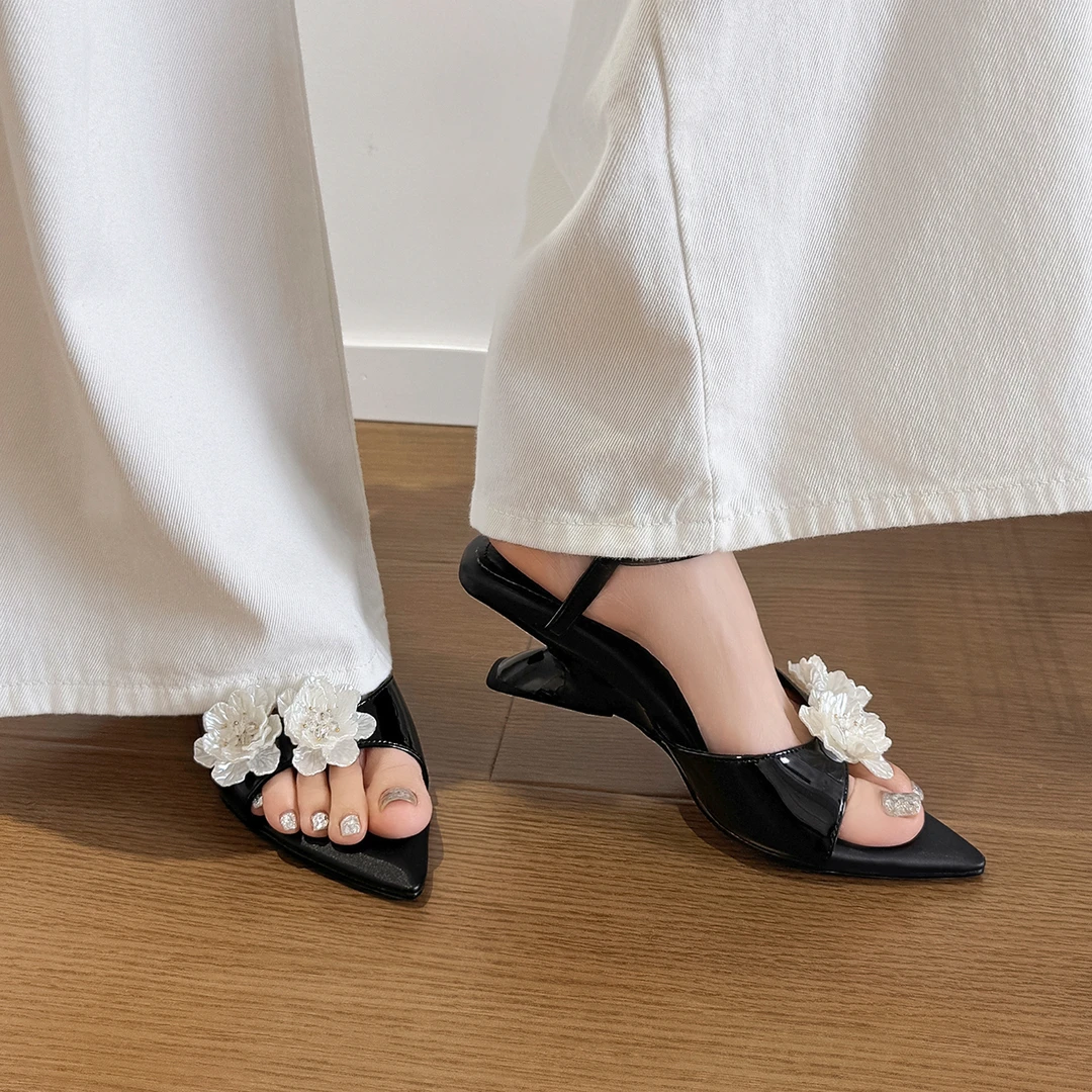 Sheriley77小众百搭法式花朵凉鞋真皮气质外穿坡跟仙女风花朵