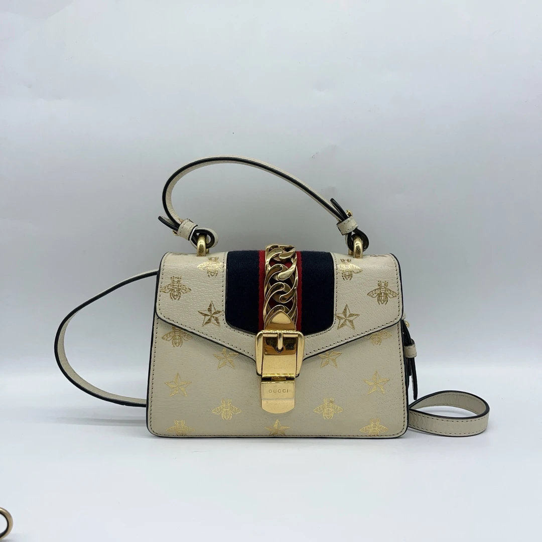 95新 GUCCI/古驰 白色蜜蜂烫金塞尔维亚手提斜挎包 1465 5160
