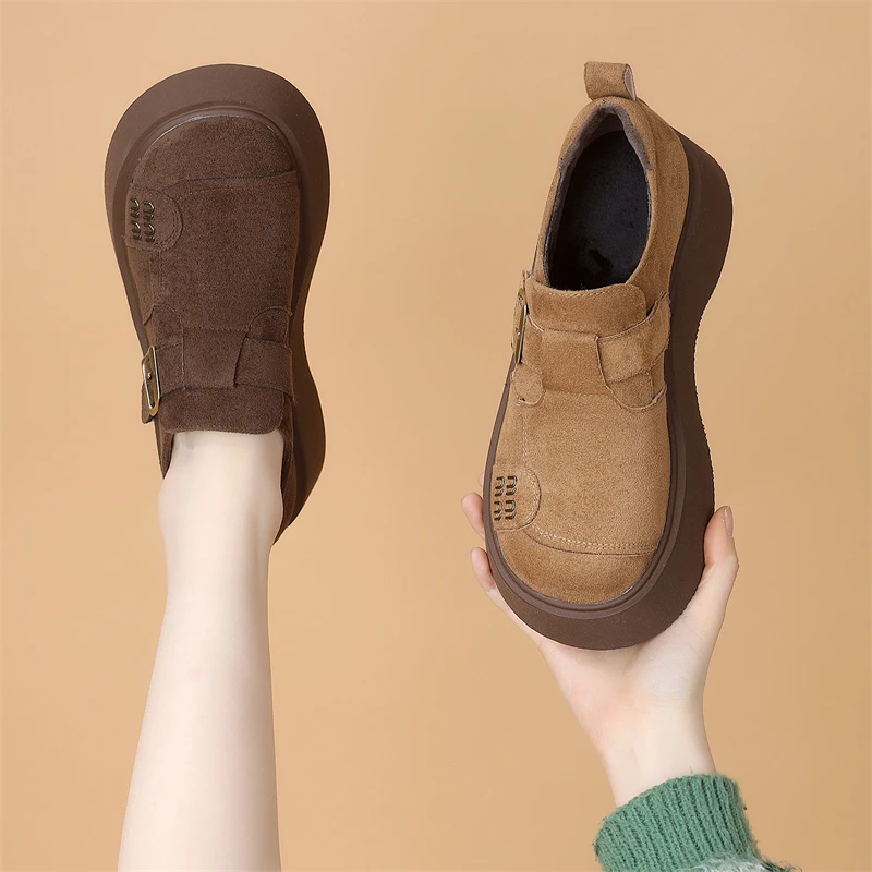 欧美时尚厚底乐福鞋女2025春秋新款魔术贴圆头显瘦不累脚勃肯单鞋