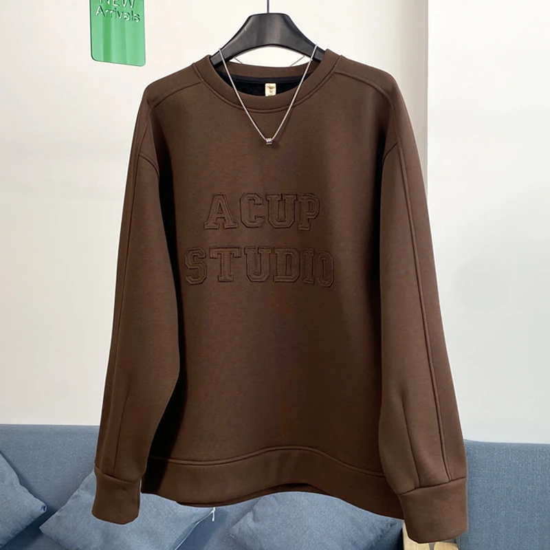 山东青岛即墨卫衣2025新款女中长款咖色棕色套头圆领秋冬加绒加厚