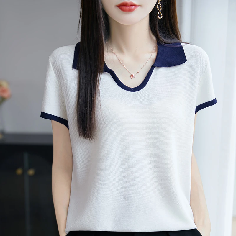 哥弟阿玛施正品夏季翻领撞色女士T恤纯色拼接大码U型领薄款针织衫