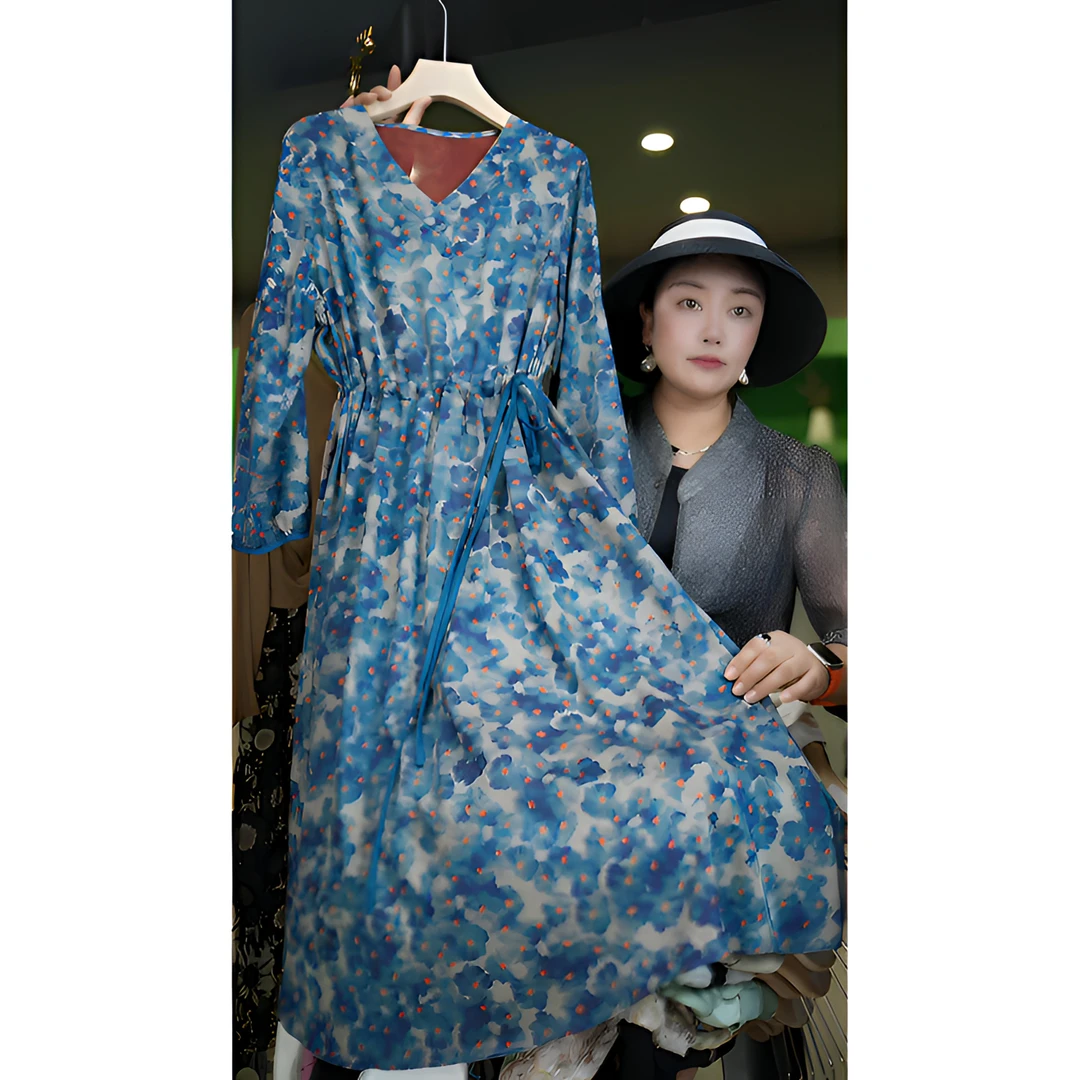 《达人专属》A1261女装连衣裙气质蓝色轻奢时尚休闲收腰印花连衣裙