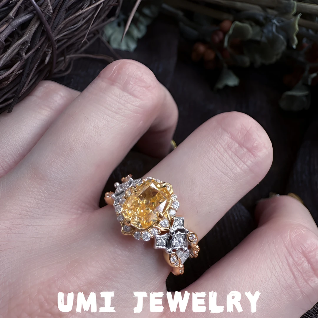 925银合成锆石戒指 UMI意大利拉丝精工镶嵌黄钻戒指高级轻奢时尚