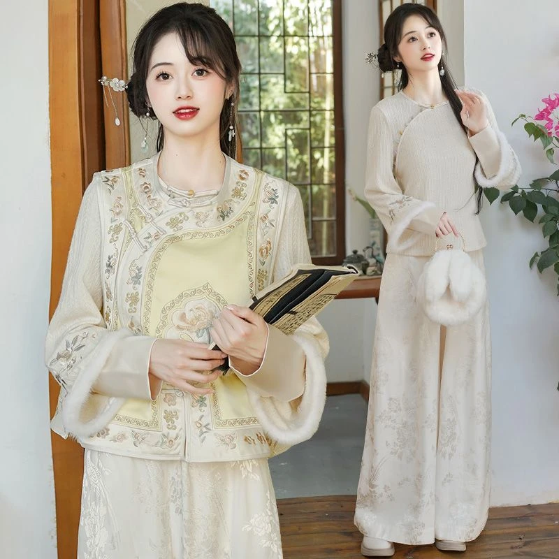 新中式长袖唐装汉服重工刺绣斜襟开衫马甲加厚上衣提花阔腿裤套装